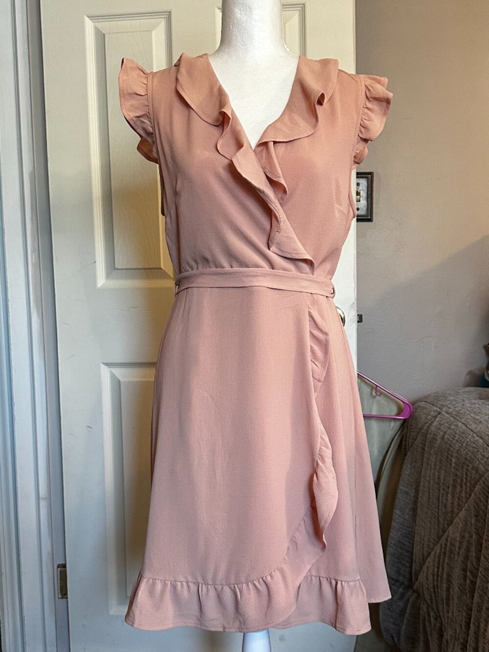 Monteau Blush Pink Ruffle Faux Wrap Mini Dress - Size M